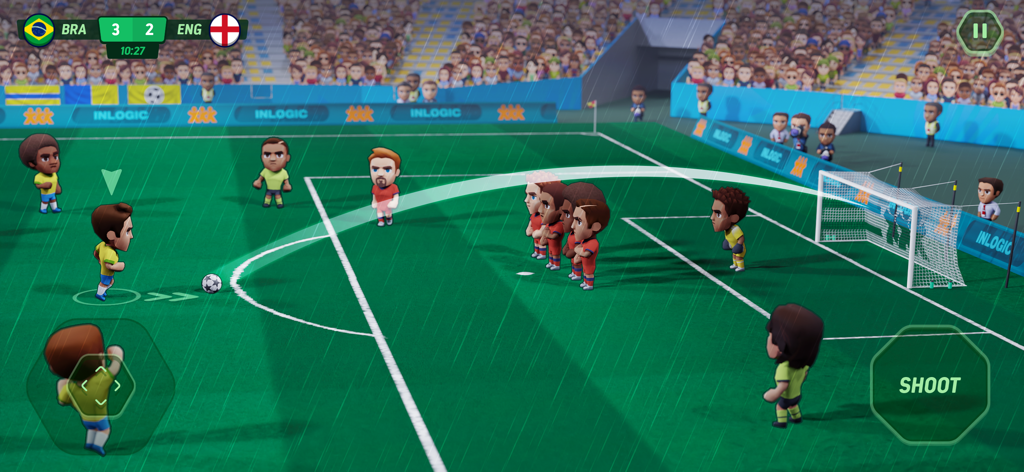 Soccer Mini Stars: Football 24 - Soccer Mini Stars gameplay showing a free kick during a rainy match between Brazil and England