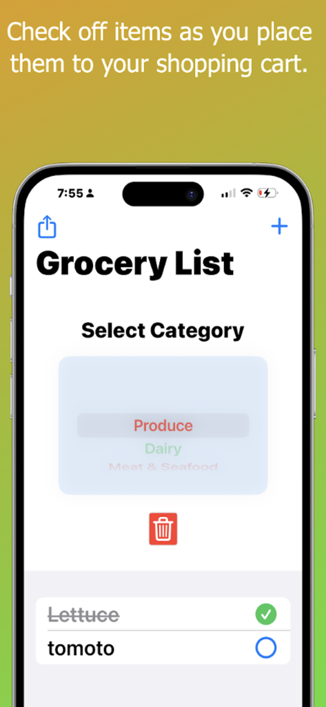 Grocy List - Grocy List App-Oberfläche auf dem iPhone, die eine Einkaufscheckliste mit einem Kategorienwähler und abgehakten Artikeln wie Salat zeigt