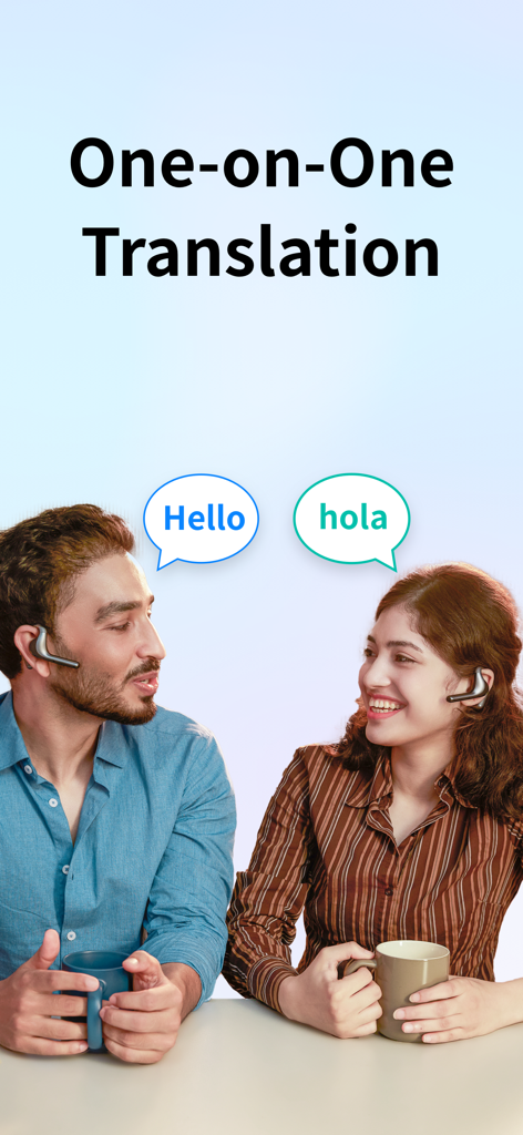 Timekettle - Hombre y mujer usando auriculares traductores Timekettle para una conversación cara a cara