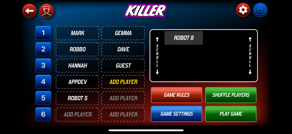 Unicorn ScoreBuddy - Player selection screen for Killer game mode in the Unicorn ScoreBuddy app