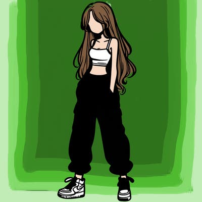 girl in baggy pants crop top and long hair