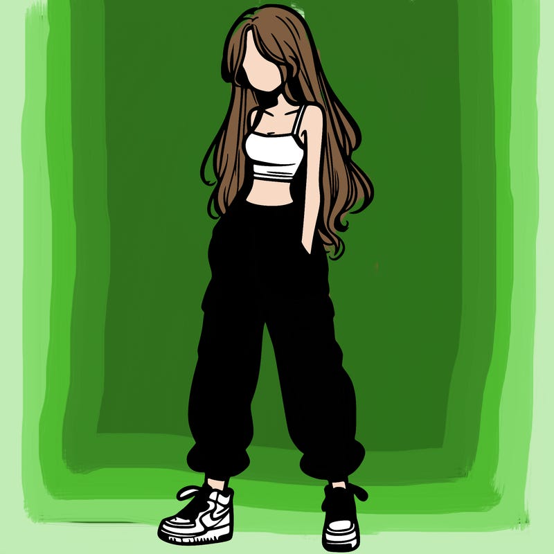 girl in baggy pants crop top and long hair