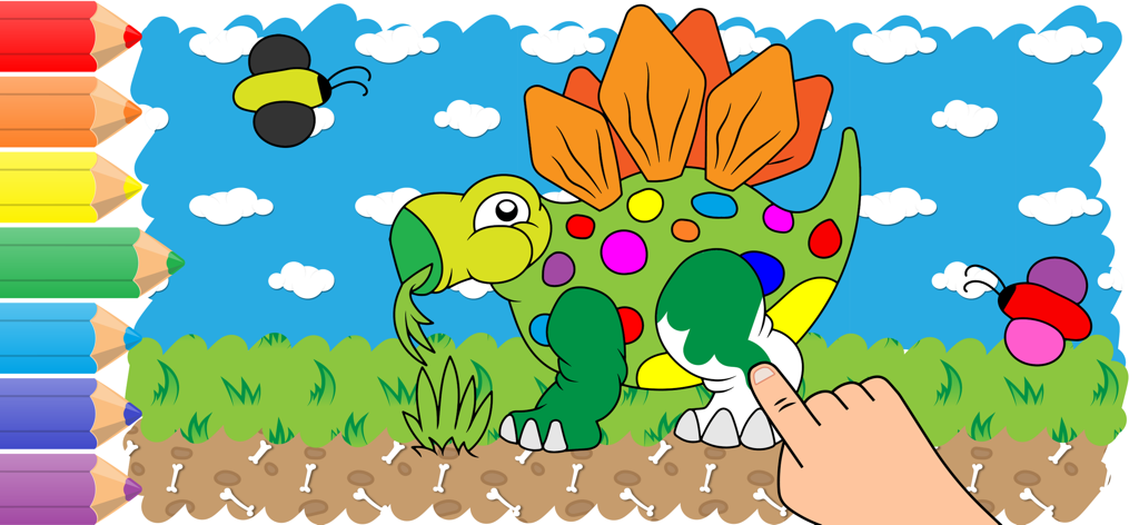 Drawing and coloring for kids - A child using a finger to color a colorful dinosaur in a drawing app for kids
