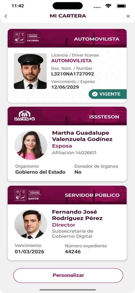 Sonora Digital - Digital wallet screen in the Sonora Digital app showing electronic identification cards including a driver license and public servant ID