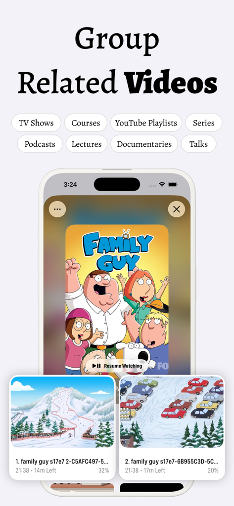 Sub AI - Video Translator - Écran de l'application Sub AI pour regrouper des vidéos similaires et suivre la progression de la lecture