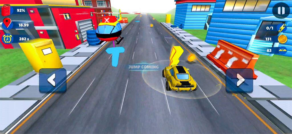 Mini Car Racing Game Offline - Yellow mini car racing on a city street with a jump coming prompt