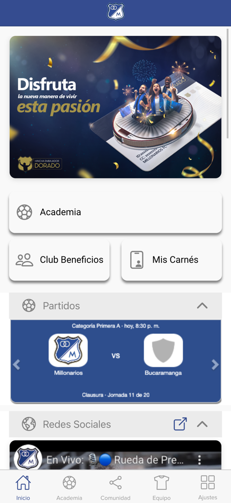 Millonarios - Home screen of the Millonarios FC mobile app showing match schedules and team news.
