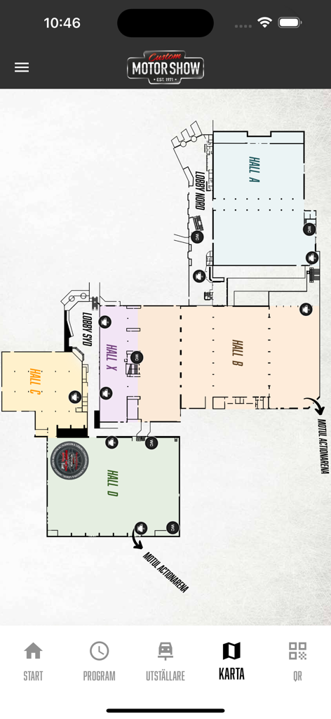 Custom Motor Show - カスタムモーターショーイベントのフロアプラン。さまざまなホールと施設の位置が表示されています。