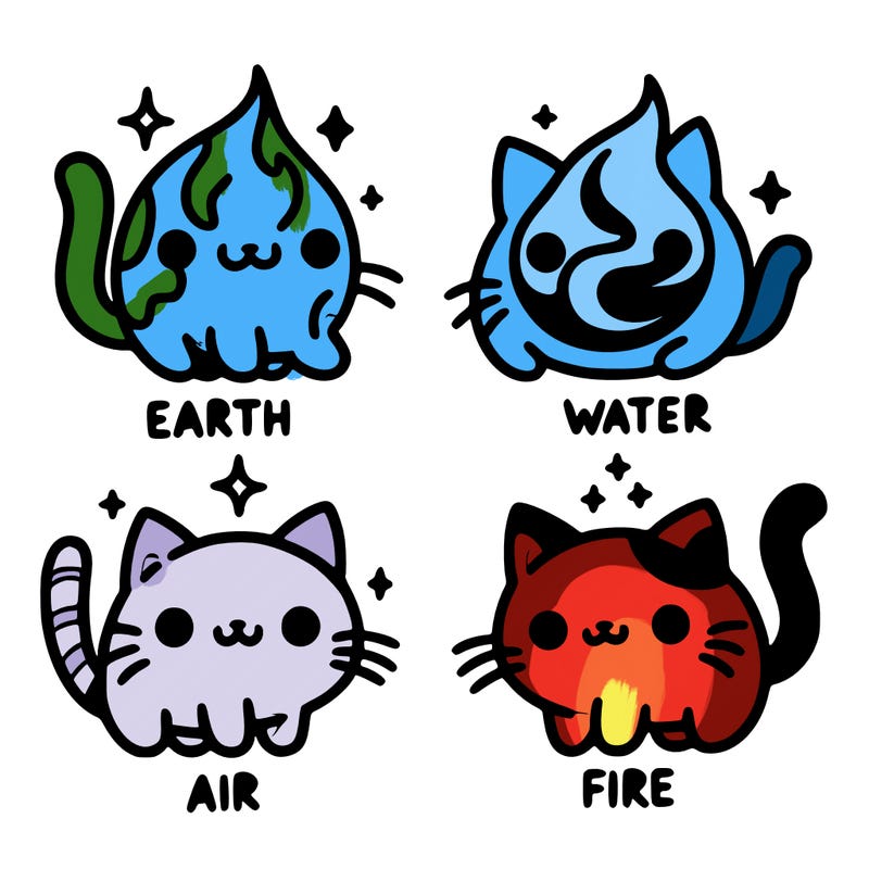 4 cats that represent the different elements, earth, water, air, and fire