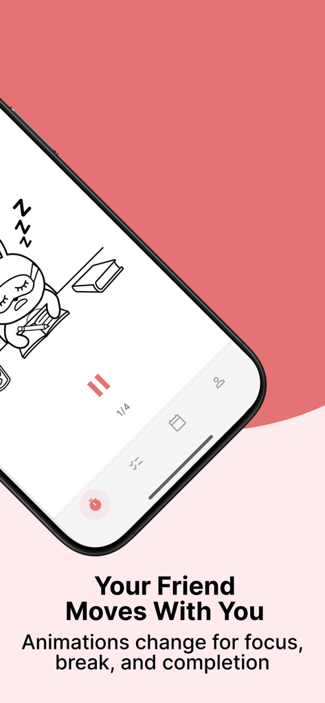 Pomolings - Pomodoro Timer - Personaje tierno de conejo animado estudiando en la pantalla del temporizador de Pomolings.