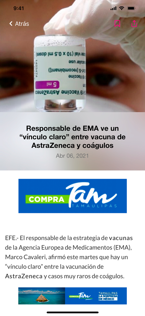 Latinus - Screenshot of a news article in the Latinus app discussing a link between the AstraZeneca vaccine and blood clots.