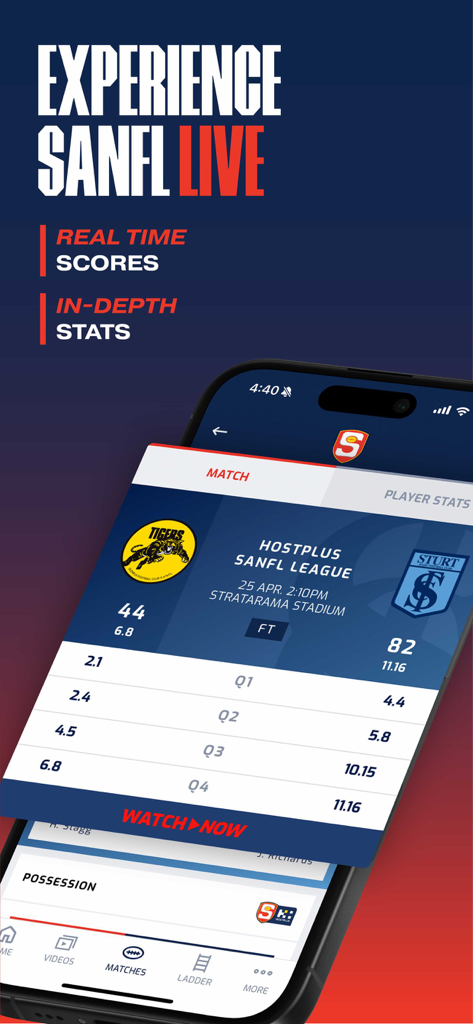 Smartphone screen displaying live SANFL match scores and player stats