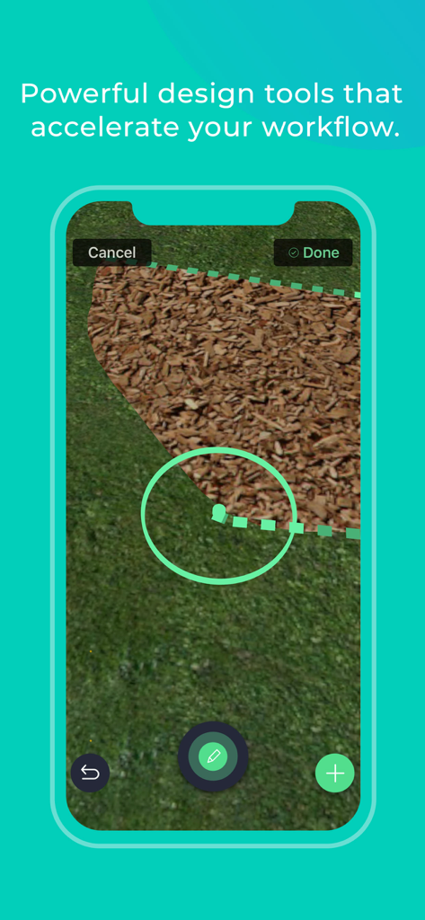Mobile screen of iScape app showing virtual landscape design tools in action