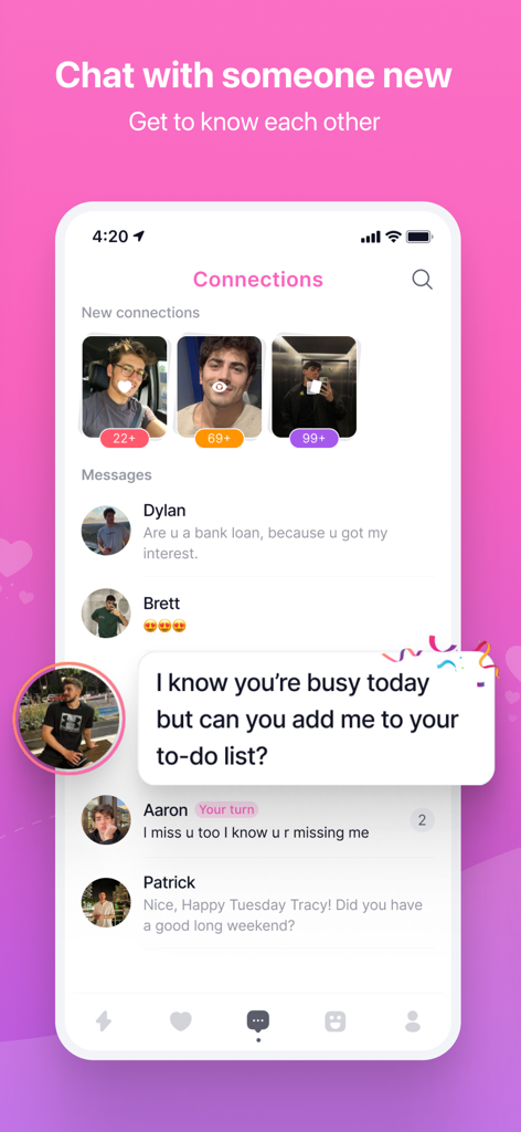 Vibes Dating: Meet new friends - Interface of the Vibes Dating app showing a list of chat messages and new connections with a playful pickup line.