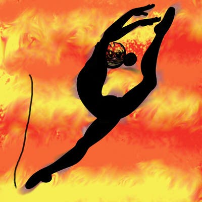 gymnast doing a leap in a leotard with a bent back leg