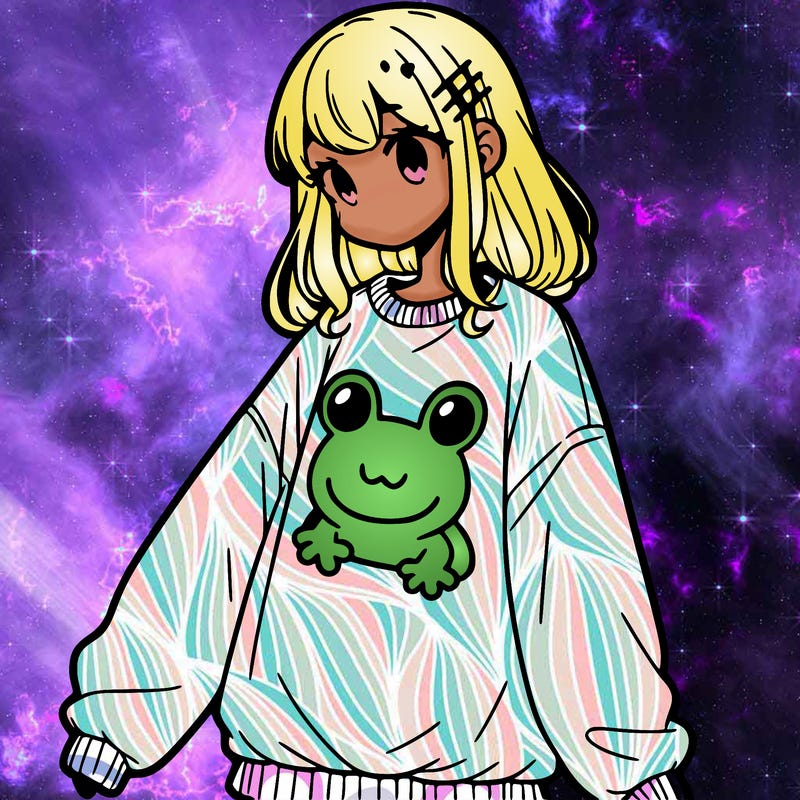 girl wearing frogging sweatshirt