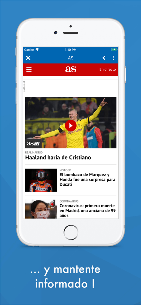 Spanish News - Noticias España - Pantalla de smartphone que muestra noticias deportivas del diario AS en la aplicación Spanish News