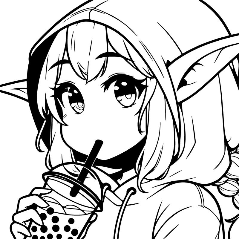 an girl with elf ears in a hoodie drinking boba