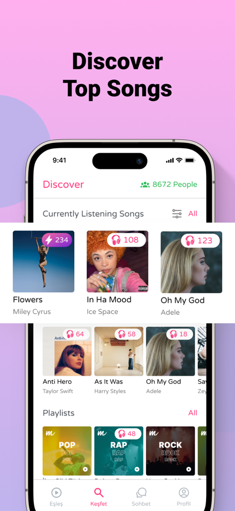 Meet Music: Dating for Spotify - The Discover screen of the Meet Music app showing trending songs and current listener counts.