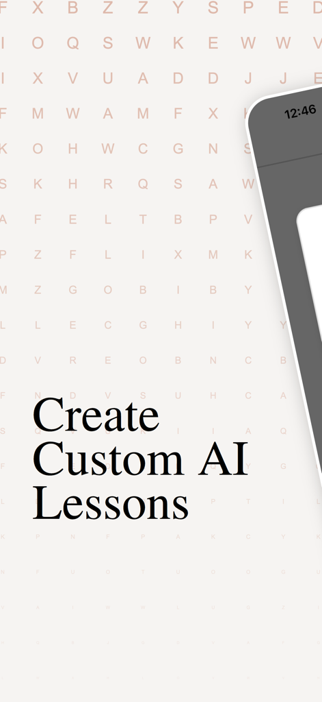 Learn French with AI: ParlezAI - Screenshot of ParlezAI app with text saying Create Custom AI Lessons over a grid of letters.
