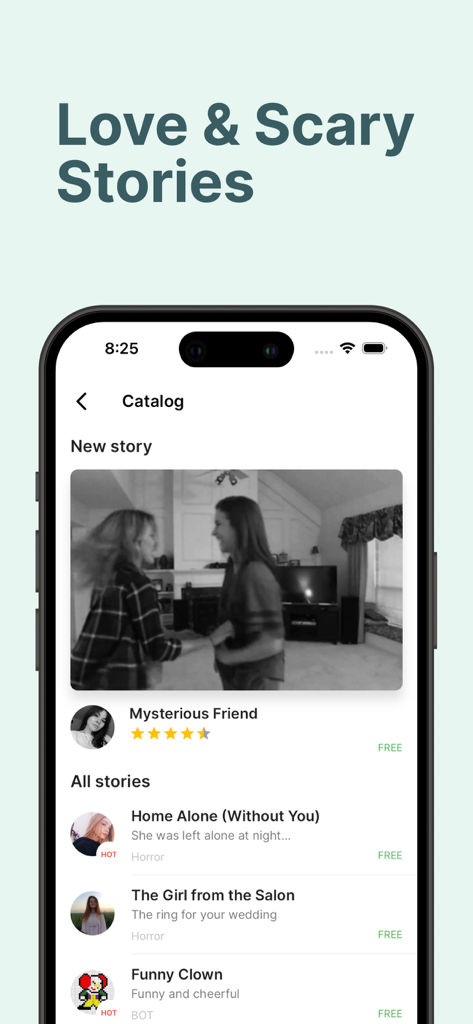 Katalog von Liebes- und Grusel-Chatgeschichten in der Spiele-App Love Story Chat