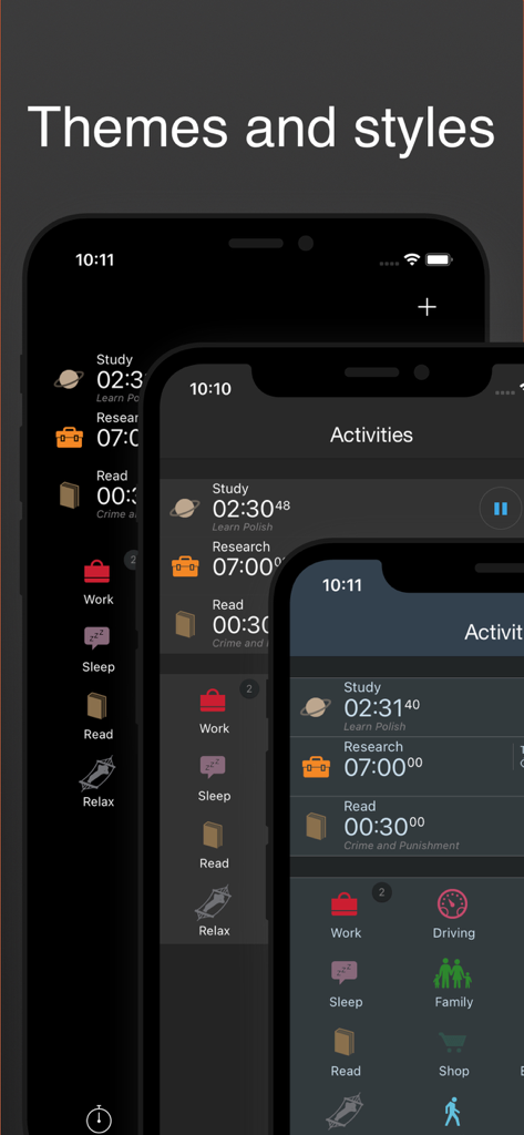 aTimeLogger Time Tracker - La aplicación aTimeLogger muestra temas y estilos oscuros para el rastreo del tiempo de actividad.