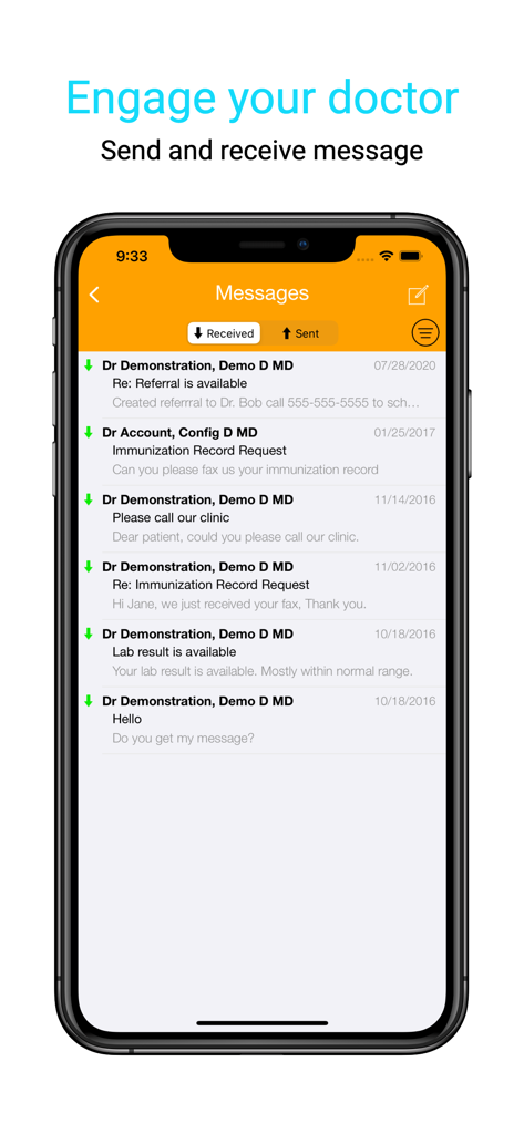 nAble Health app screen showing a list of secure messages from doctors and medical clinics regarding lab results and referrals