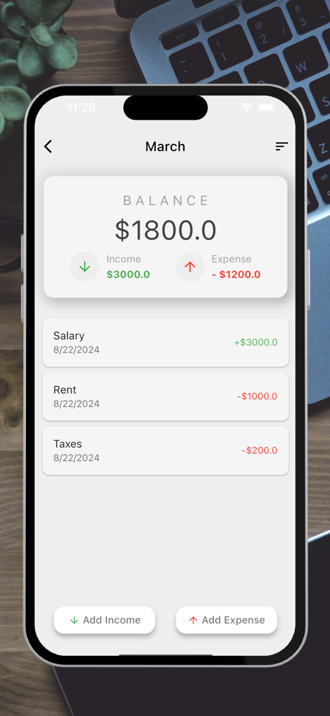 Screenshot der Budget App, der eine monatliche Bilanzübersicht mit Einkommens- und Ausgabenprotokollen für März zeigt
