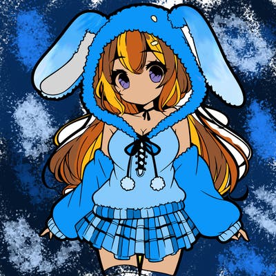pretty anime girl wearing a fluffy hoodie with bunny ears on the hood and a skirt