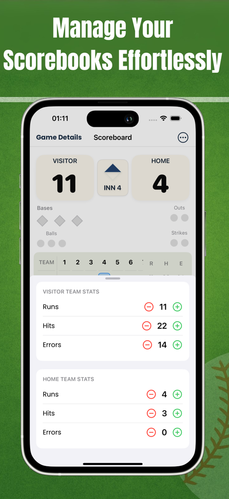 Pitch Counter - Radar Gun FYNX - A mobile app interface displaying a baseball scorebook with home and visitor team stats like runs hits and errors.