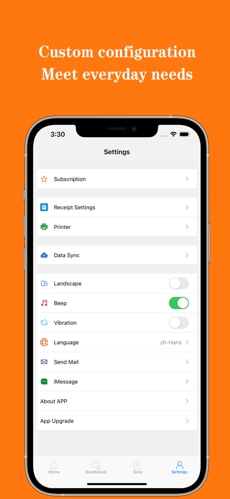 Menu do aplicativo móvel RestPOS com opções de configuração para recibos e impressoras