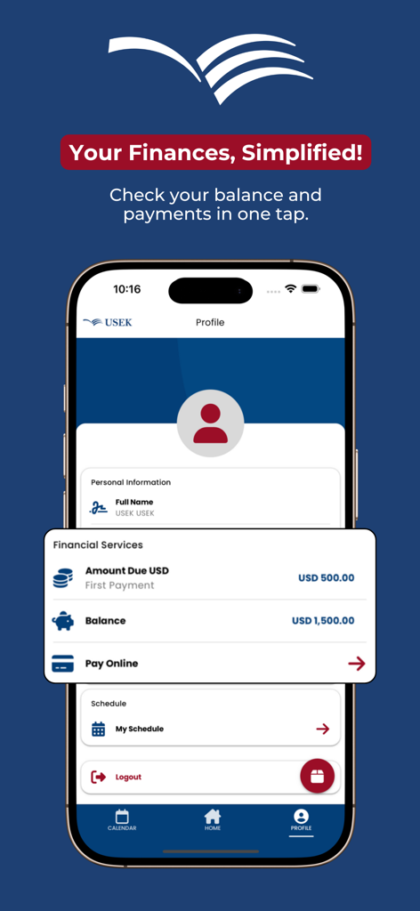 Aplicativo móvel USEK Oficial mostrando a seção de serviços financeiros com saldo do aluno e opções de pagamento