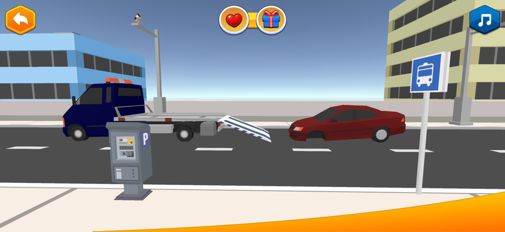 City Patrol: Rescue Vehicles - A blue tow truck assisting a red car with a missing wheel on a city street