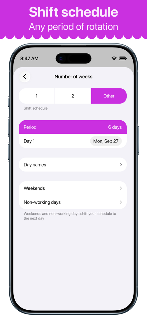 iPhone interface showing shift schedule settings for a six day rotation period in the Smart Timetable app
