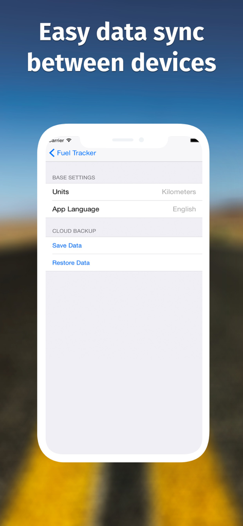 Fuel Tracker Gas & Mileage Log - Fuel Tracker app settings screen with options for cloud backup and data synchronization between devices.