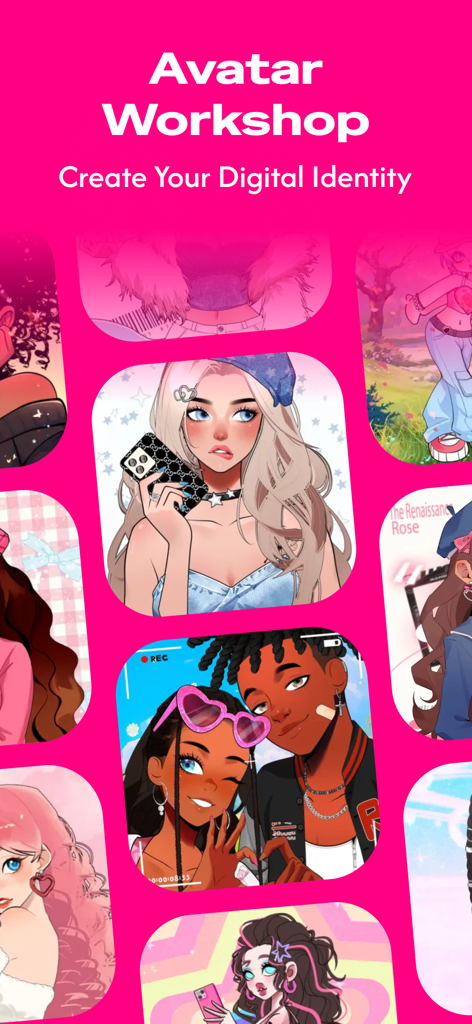 Neku: make avatar sticker - Una colección de avatares de anime dibujados a mano en varios estilos que muestran opciones de identidad digital en la aplicación Neku