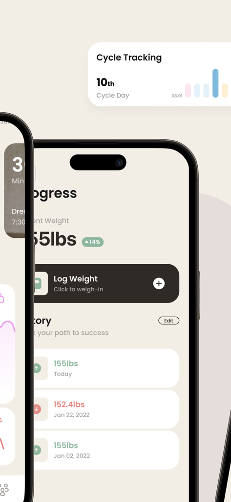 Grounds: Fitness App For Women - Interface of Grounds fitness app showing weight progress history and menstrual cycle tracking.