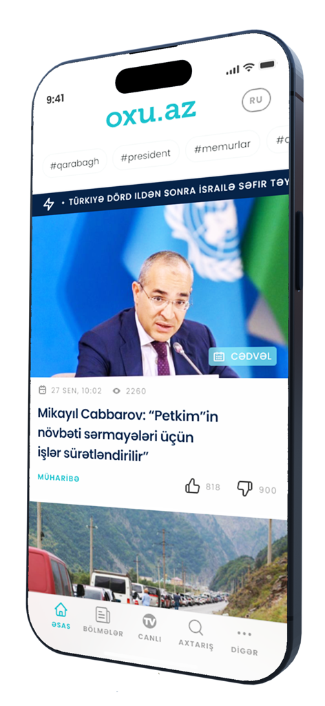 Oxu.Az Azerbaijani news app home screen displaying latest headlines and navigation categories on an iPhone.