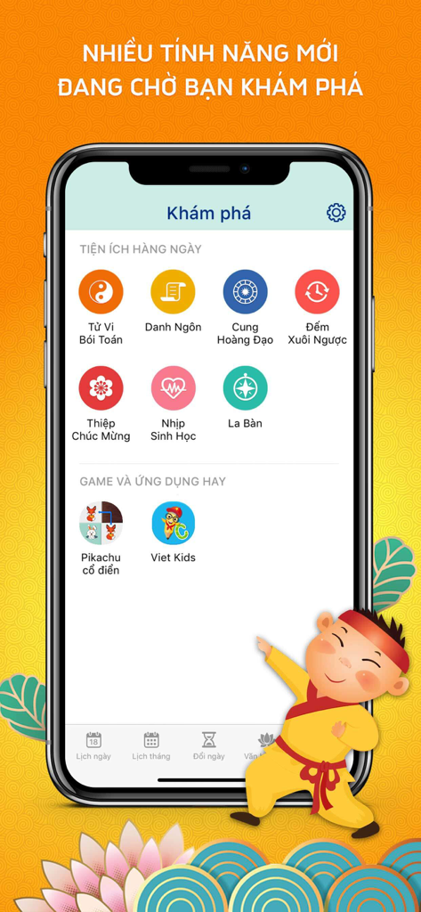 Lịch Vạn Niên 2026, Lịch Âm - Lich Van Nien 2026 mobile app screen showing cultural utilities like horoscopes, zodiac signs, and feng shui compass.