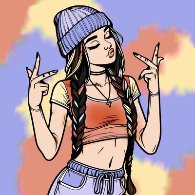 realistic teenage girl with braids and a beanie and crop top doing 🫶🏼