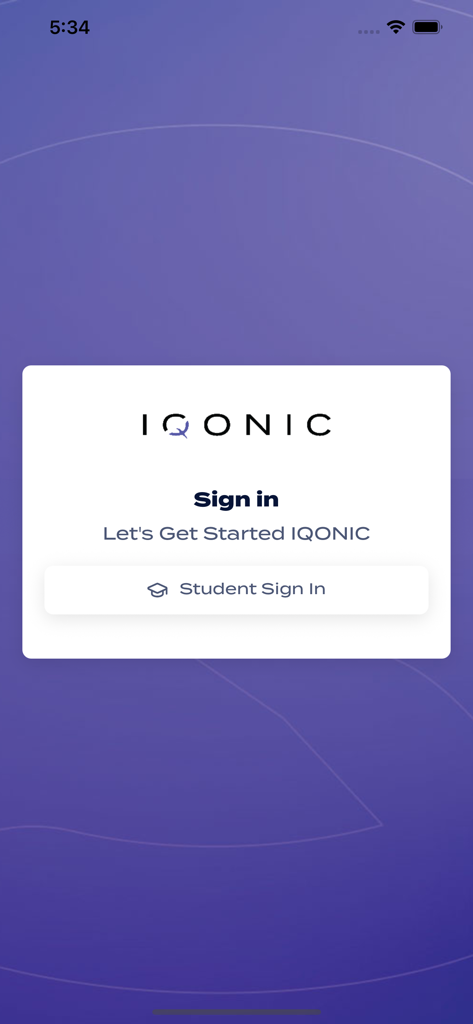 Sign in screen of the IQ Social app with a student login button and IQONIC branding