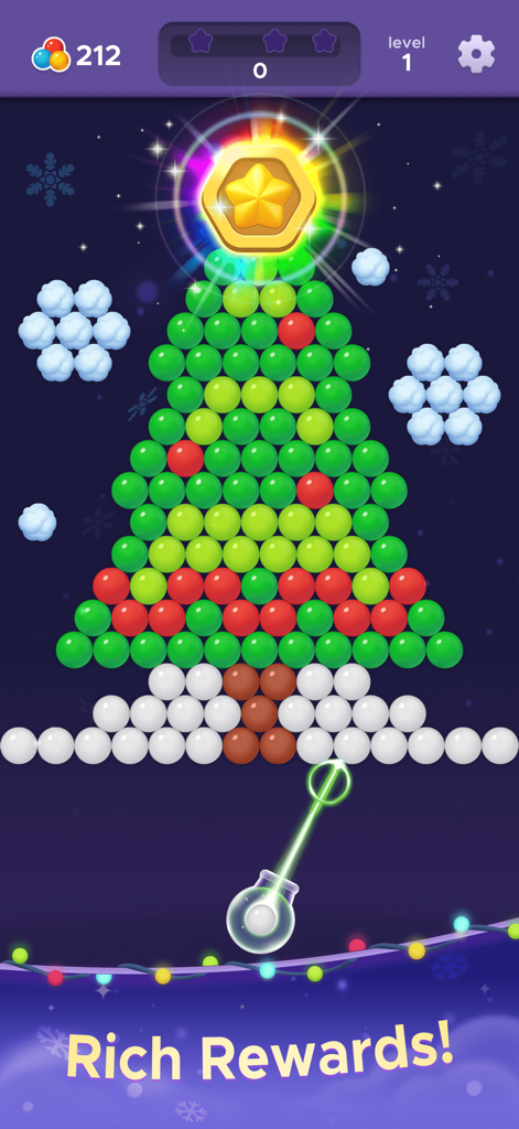 Bubble Relax: Pop Shooter - Un puzzle de bulles festif en forme de sapin de Noël dans Bubble Relax Pop Shooter avec des bulles colorées et une étoile sur le dessus