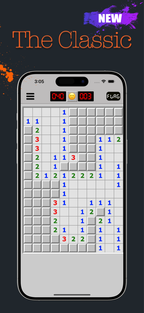 ■ Minesweeper - Classic Minesweeper game interface on an iPhone showing a logic puzzle grid with numbers and a timer