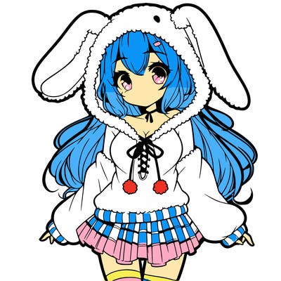 pretty anime girl wearing a fluffy hoodie with bunny ears on the hood and a skirt