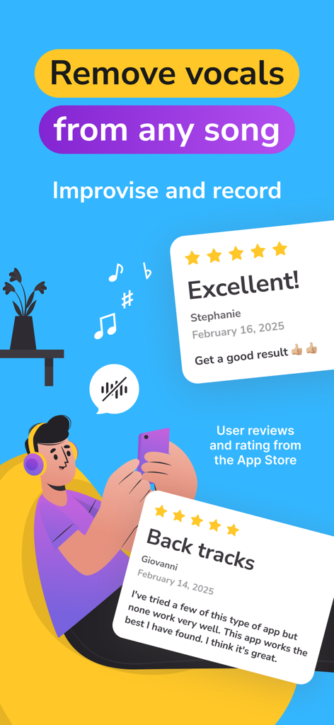 Vocal Remover AI-Remove Voice - Promotional screenshot of Vocal Remover AI showing user reviews and the main feature to remove vocals from any song.