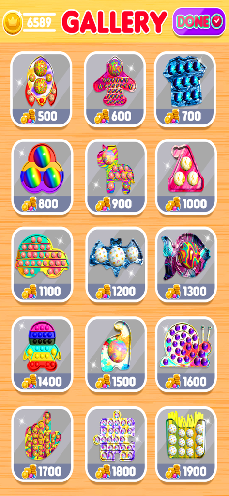 A gallery screen showing various colorful 3D pop-it toys with their coin prices.