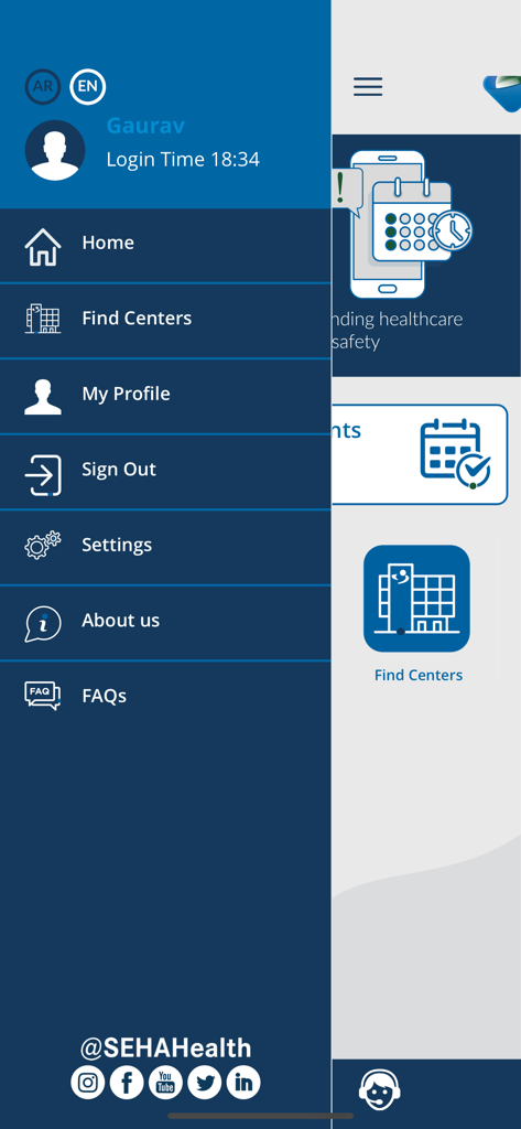 The side navigation menu of the SEHA Visa Screening app displaying options like Find Centers, My Profile, and Settings.