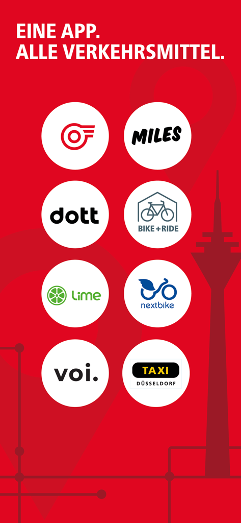 redy - Redy App-Bildschirm mit Logos integrierter Mobilitätspartner, einschließlich Lime, Voi und MILES