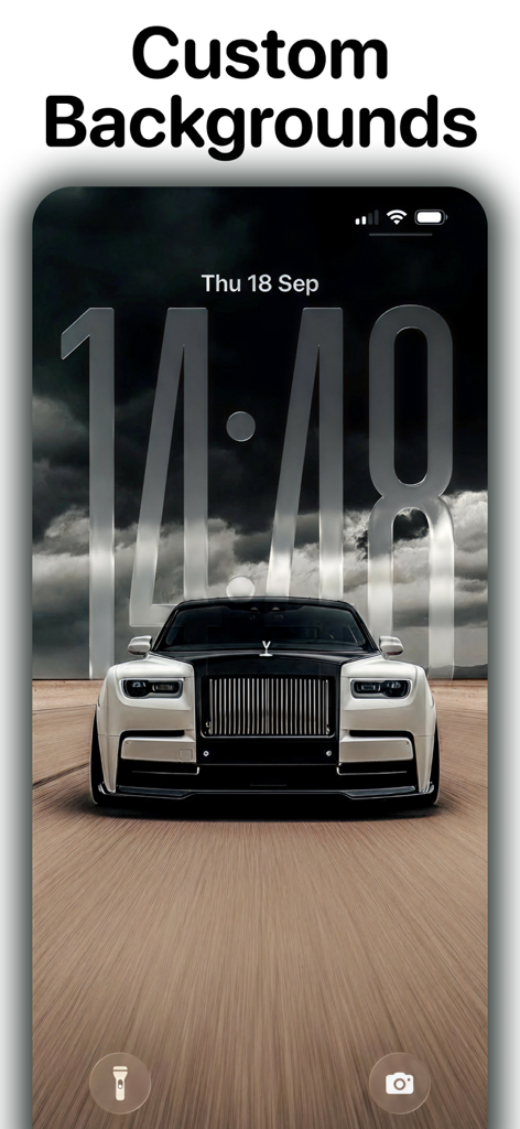 WallHub - Live Wallpapers - Un fondo de pantalla personalizado para la pantalla de bloqueo del iPhone con un coche de lujo blanco y un cielo dramático.