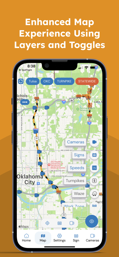 Capture d'écran de l'application Drive Oklahoma montrant des couches de carte pour les caméras de trafic et les zones de construction.